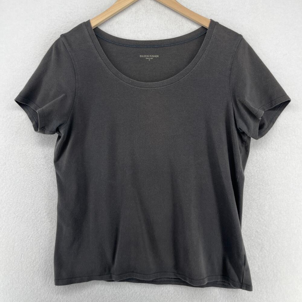 EILEEN FISHER Top M Stretch Organic Cotton Scoop Neck Short Sleeve Gray USA